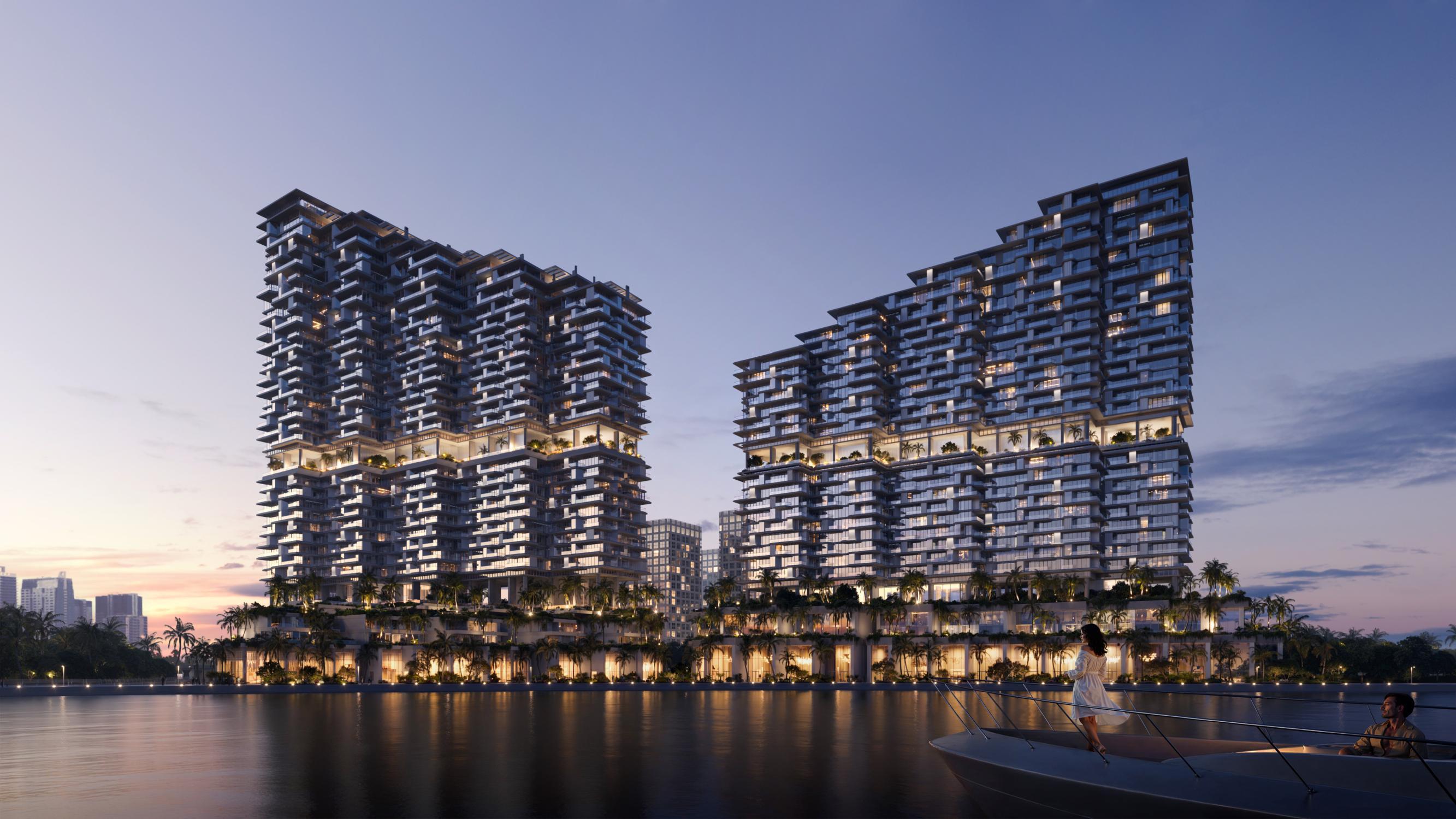 Riviera Residences exterior view showcasing the lagoon, waterfront promenade, and modern architecture on Al Reem Island, Abu Dhabi.